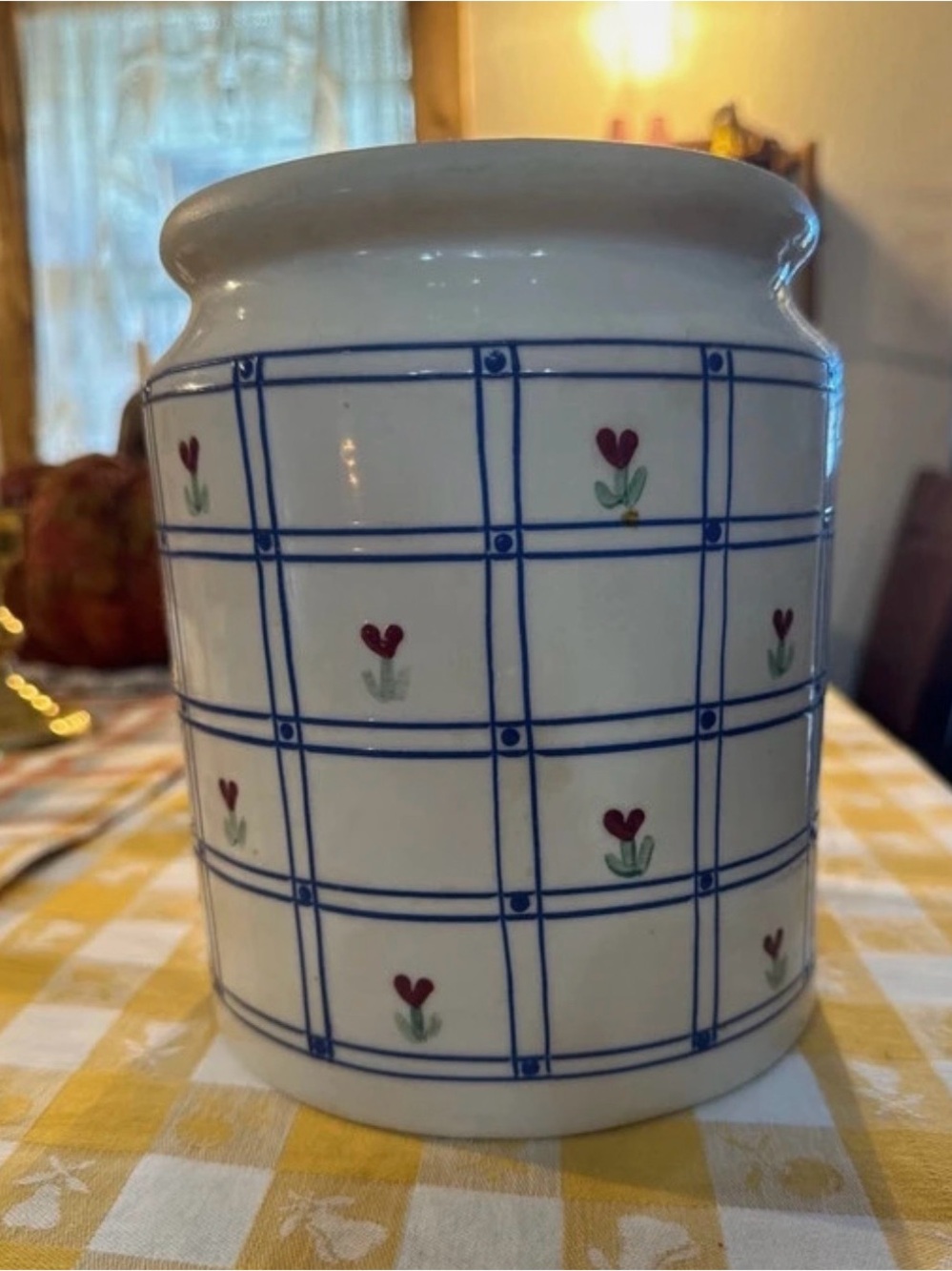 Heartstone Ceramic Crock with Blue Grid and Red Floral Motif